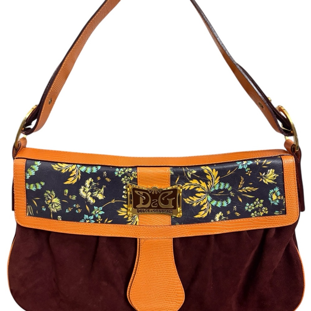 DOLCE & GABBANA Authentic Vintage Floral Suede & Lizard Trim Shoulder Bag - Picture 8 of 8